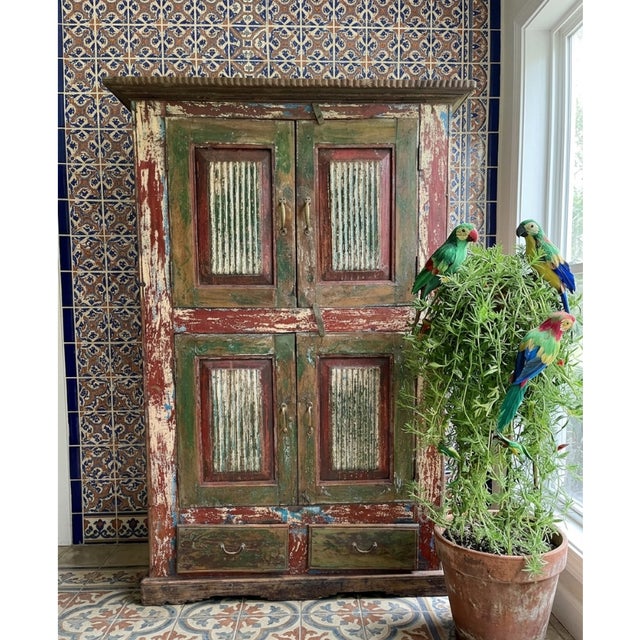 Vintage Hand-Carved Red Armoire | Rustic Farmhouse Storage Wardrobe Cabinet 70 For Sale - Image 4 of 6
