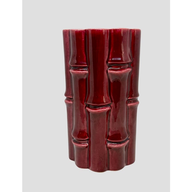 Mid-Century Modern 1950’s Red Wing Usa Burgundy Bamboo Ceramic 7.5” Tall Vase #400 Light Grey Interior For Sale - Image 3 of 12