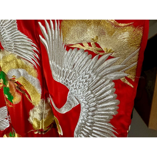 Vintage Red Brocade With Flying Cranes Japanese Ceremonial Kimono For Sale - Image 14 of 18
