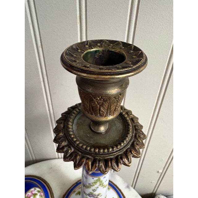 Metal Antique Sèvres-Style Porcelain & Bronze Hand-Painted Candlesticks Pair Lp Paris For Sale - Image 7 of 12