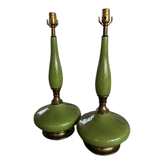 Vintage Green Glazed Ceramic Table Lamps With Gold-Tone Details — A Pair For Sale