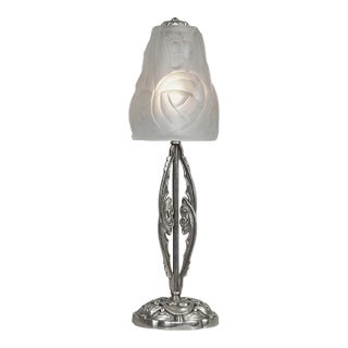 Degue French Art Deco Table Lamp 1930s - Floral Glass & Nickeled Bronze For Sale