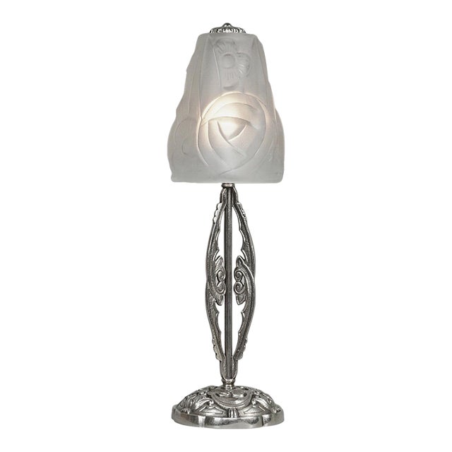 Degue French Art Deco Table Lamp 1930s - Floral Glass & Nickeled Bronze For Sale