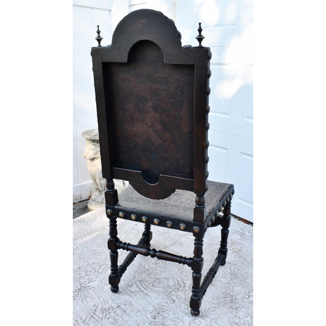 Antique Tudor Carved Walnut & Tooled Leather High Back W/Brass Studs & Finials For Sale - Image 9 of 12