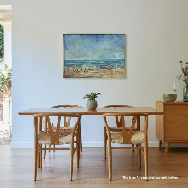 Swimming School by the Sea, 1974 – Alexander Michael Oil Painting This lively coastal scene captures a group of children...