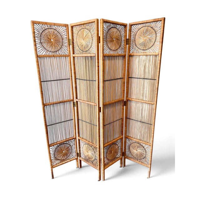 Vintage Woven Rattan Sunburst Four-Panel Room Divider Screen For Sale - Image 11 of 11