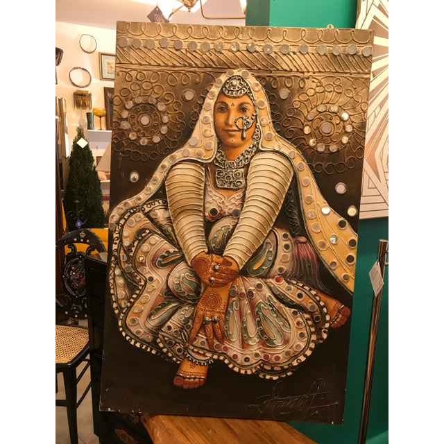 Exquisite antique painting on canvas of a bride on her wedding day. The painting includes circular mirror fragments placed...