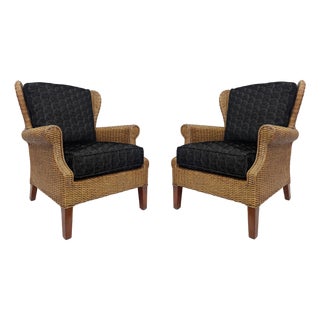 Vintage Braxton Culler Havana Woven Rattan Wingback Chairs, Pair For Sale