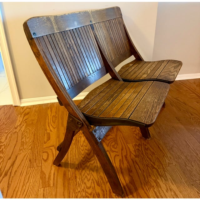 Heywood-Wakefield Antique Oak Double Seat Folding Bench by Brunswick Seating Works Inc., Lawrenceville Va For Sale - Image 4 of 7