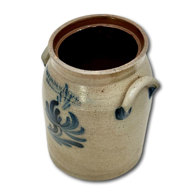 Blue Small 1 Gallon Size Blue Decorated Antique American Stoneware Butter Churn Crock by Cowden & Wilcox Harrisburg Pennsylvania For Sale - Image 8 of 18