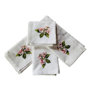 French Cherry Blossom Embroidered Cotton Percale Dinner Napkins | Paris Flea Market Find - Set of Four For Sale
