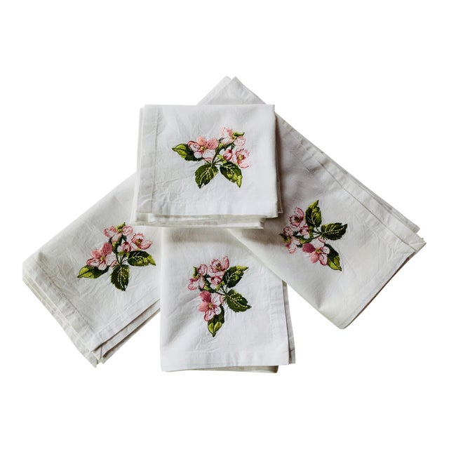 French Cherry Blossom Embroidered Cotton Percale Dinner Napkins | Paris Flea Market Find - Set of Four For Sale