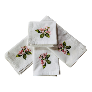 French Cherry Blossom Embroidered Cotton Percale Dinner Napkins | Paris Flea Market Find - Set of Four
