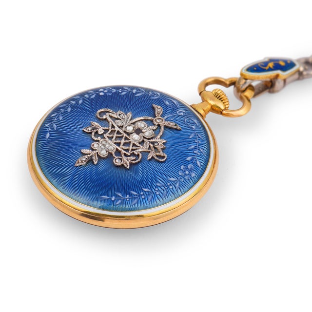 Early 20th Century French Belle Époque Guilloché Enamel Pocket Watch 18k Gold Necklace For Sale In Los Angeles - Image 6 of 8