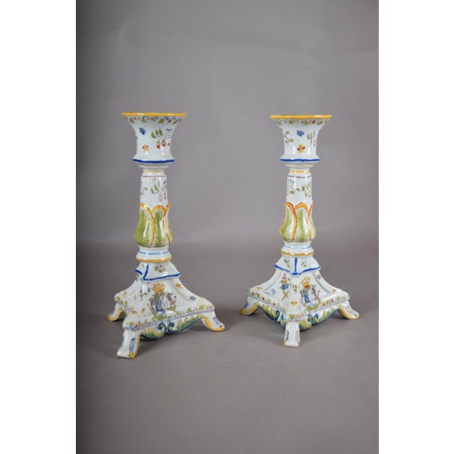 Hand-Painted Ceramic Candlesticks with Heraldic Floral Decoration, 1910s, Set of 2 For Sale - Image 6 of 12