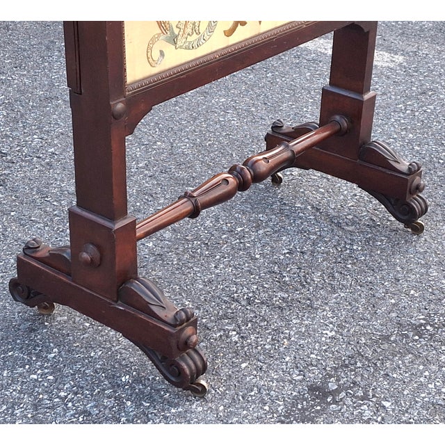 Wood 19th Century Victorian Carved Walnut and Embroidered Silk Rolling Fireplace Screen For Sale - Image 7 of 13