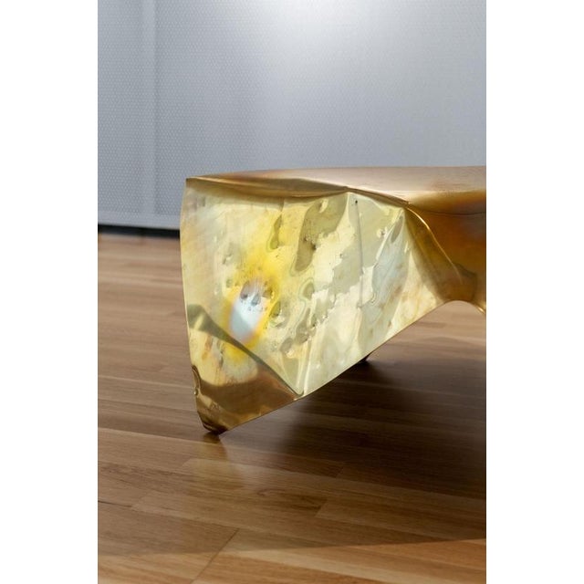 Primitif brutalist sculptural table in brass by jean-baptiste van den heede signed dimensions: d 100 x w 100 x h 40 cm...