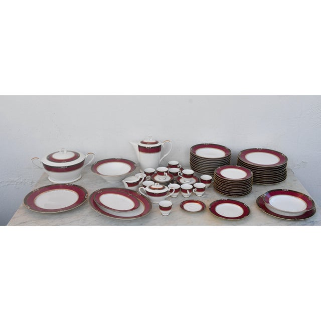 1960s Elegant Mid-Century Japanese Bone China Service for 12 in White and Noble Red For Sale - Image 15 of 17