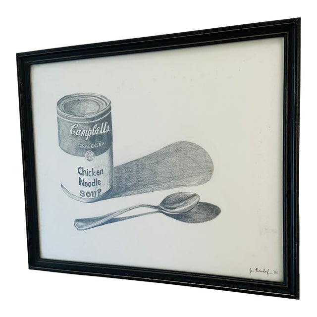 Vintage 1988 Charcoal Pencil Drawing of Campbell’s Soup Can & Spoon, Signed and Framed For Sale