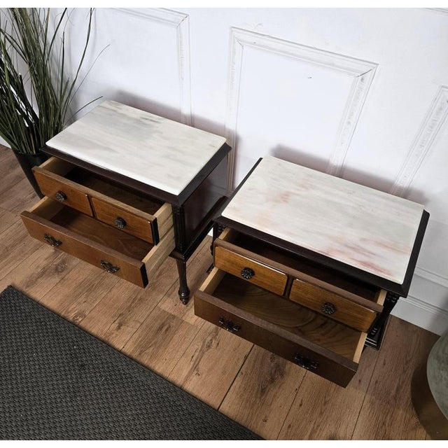 Mid-Century Italian Art Deco Style Wood Bedside Tables with Marble Tops, 1950s, Set of 2 For Sale - Image 10 of 11