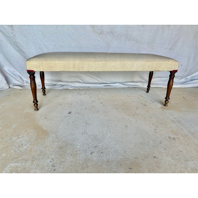 Wood Early 20th Century French Walnut and Antique Linen Upholstered Bench For Sale - Image 7 of 12