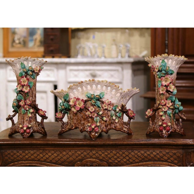 19th Century French Barbotine Cache Pot and Vases With Floral Motifs, Set of 3 For Sale - Image 11 of 11