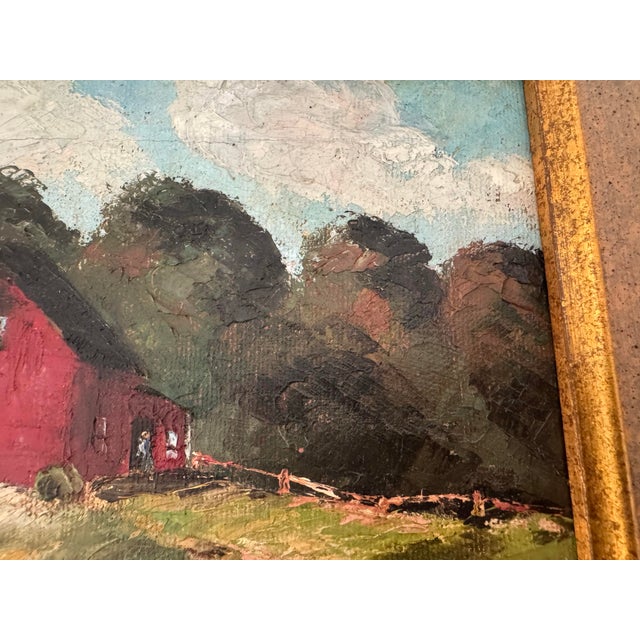 1980s Small Vintage Oil Painting of Red Barn For Sale - Image 5 of 9