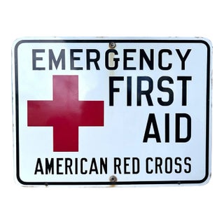 Late 1940’s Post World War II-Era American Red Cross Emergency First Aid Porcelain Enamel Metal Sign For Sale