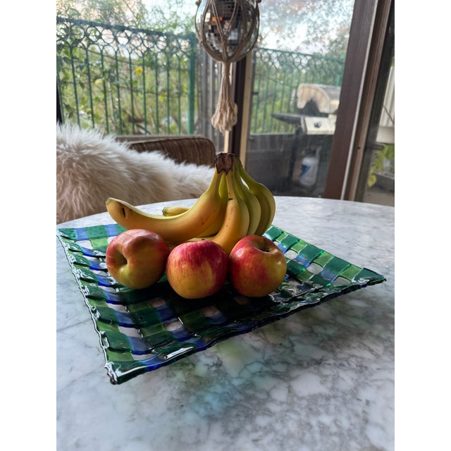Mid-Century Modern Vintage Large Hand-Blown Art Glass Fruit Bowl / Platter in Basketweave Lattice Design For Sale - Image 3 of 9