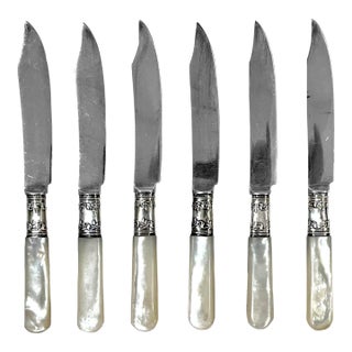 Antique Sterling Silver Fruit Knives With Mother of Pearl Handles - Set Six For Sale