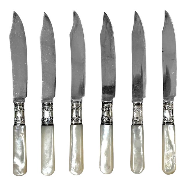 Antique Sterling Silver Fruit Knives With Mother of Pearl Handles - Set Six For Sale
