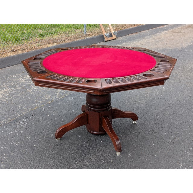 Vintage 54" Octagonal Poker & Chess Game Table With Vibrant Red Felt For Sale - Image 13 of 18