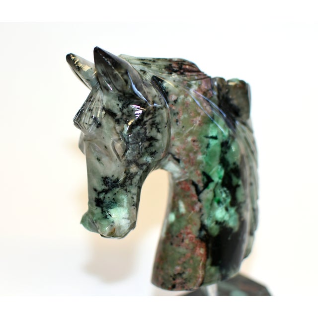 Natural Emerald Gemstone Horse Bust Sculpture Hand Carved Cherry Blossom For Sale - Image 10 of 13