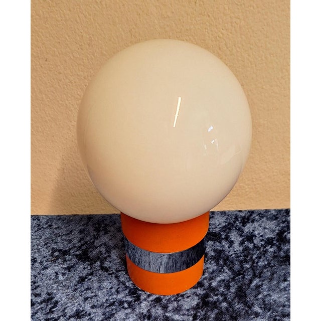 Vintage Table Lamp in Orange Lacquered Beechwood with Chrome-Plated Metal Ring and Opaque White Glass Shade, 1970s For Sale - Image 4 of 7