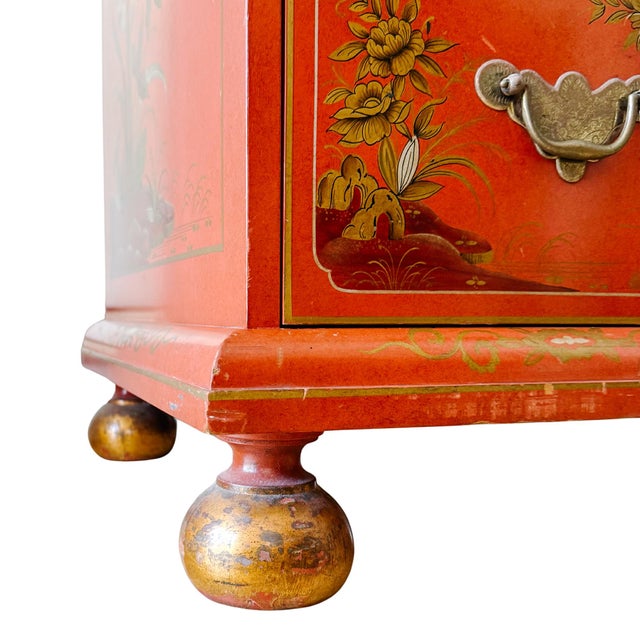 1960s Hollywood Regency Chinoiserie Red Lacquered Hand-Painted Chest of Drawers Attributed To Baker Furniture For Sale - Image 10 of 11