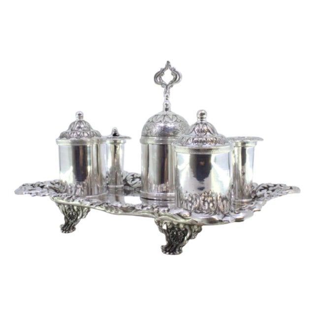 Relief Silver and Glass Inkwell with Pen Holders and Claw-Shaped Feet For Sale