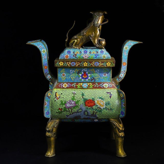 Mid 20th Century Chinese Cloisonné Incense Burner | Gilt Bronze Celestial Dog Finial & Floral Motif For Sale - Image 5 of 10