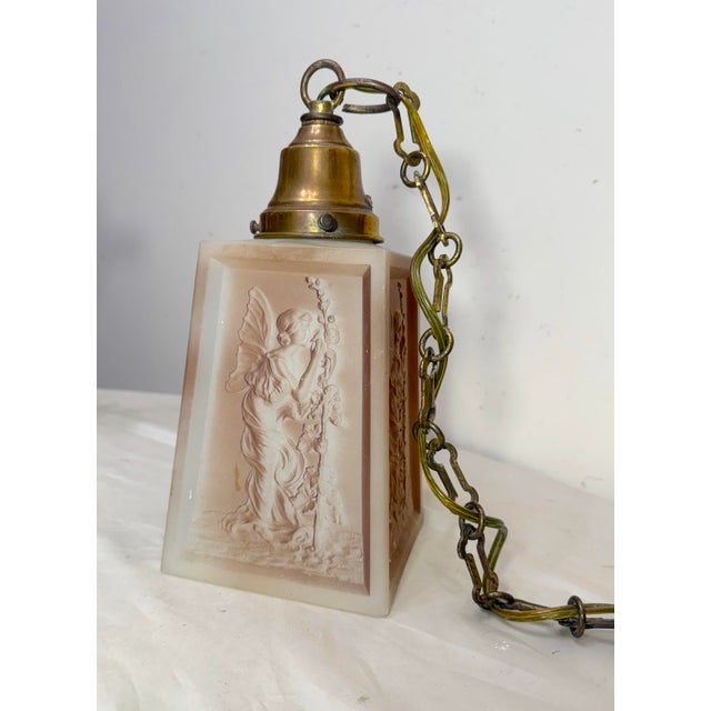 Antique Art Deco Case Glass Fairy Brass Hanging Ceiling Chandelier Pendant Lamp For Sale - Image 4 of 15