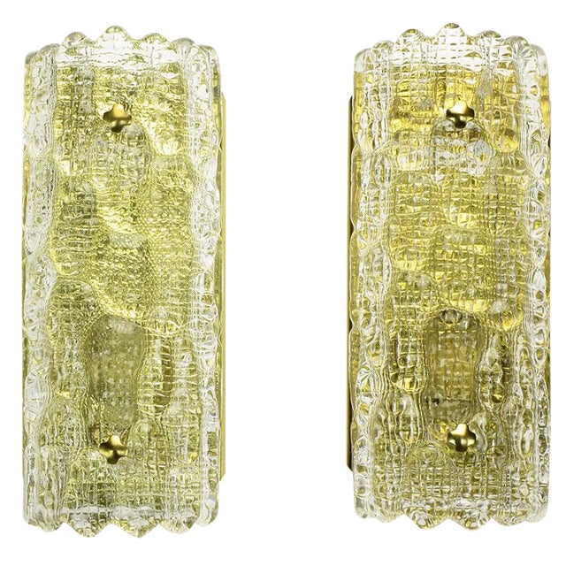 Carl Fagerlund for Orrefors Glass & Brass Sconces - a Pair For Sale