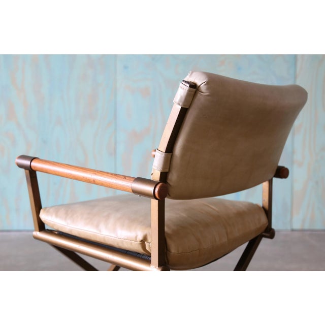 Wood 1970s Cal Style Director Chairs Oak Brass and Vinyl Set of 4 For Sale - Image 7 of 11
