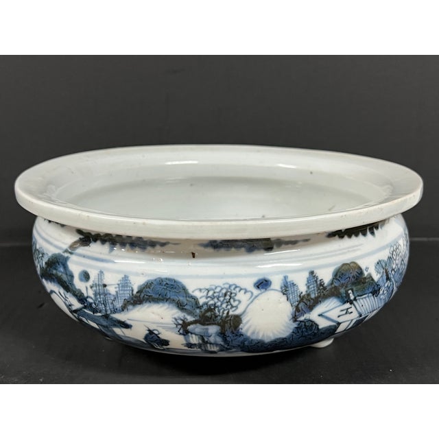 Late 20th Century Chinese Art Porcelain Blue and White Incense Burner With Mountain Scenery Design For Sale - Image 11 of 14