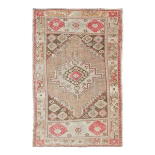 Tribal Medallion Design Vintage Hand Knotted Turkish Oushak Rug in Earth Tones & Coral Pink For Sale