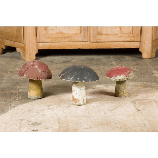 Red Mid 20th Century Set of Three American Midcentury Painted Concrete Mushroom Garden Ornaments For Sale - Image 8 of 12