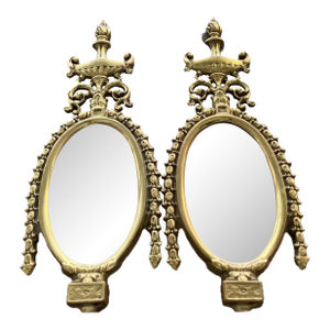 Antique Vintage Pair of Figural Floral Oval Ornate Wall Crackled Mirrors Rococo Style.