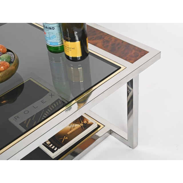 Coffee Table in Chrome, Brass, Burl Wood, and Smoked Glass, Italy, 1970s For Sale - Image 12 of 16
