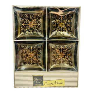 Vintage “Card Mates” Smoke Glass & Gold Leaf Petite Trays in Original Box- Set of 4 For Sale