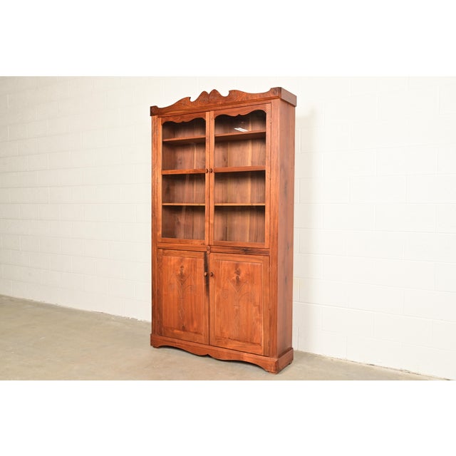 Farmhouse English Country Farmhouse Carved Walnut Bookcase Cabinet, 1970s For Sale - Image 3 of 13