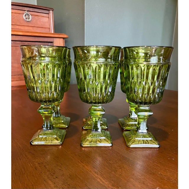1960s Mid-Century Modern Avocado Green Diamond Point Goblets – Elegant Set of 6 For Sale In Milwaukee - Image 6 of 14