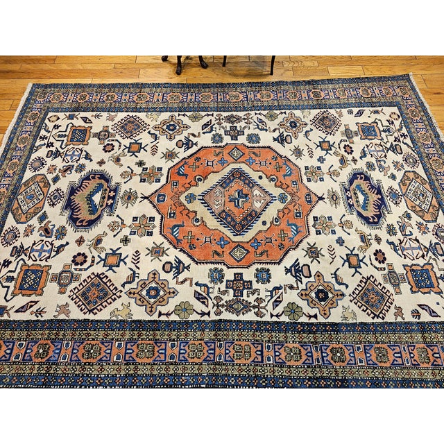 Vintage Room Size Ardabil Rug in Geometric Pattern in Ivory, Brick, Pale Blue, Olive For Sale - Image 12 of 16