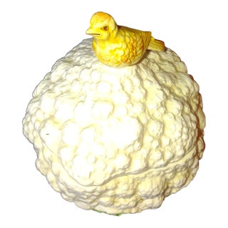 Gloria Vanderbilt for Sigma Calibird Ceramic Covered Cauliflower Box With Yellow Bird Handle For Sale